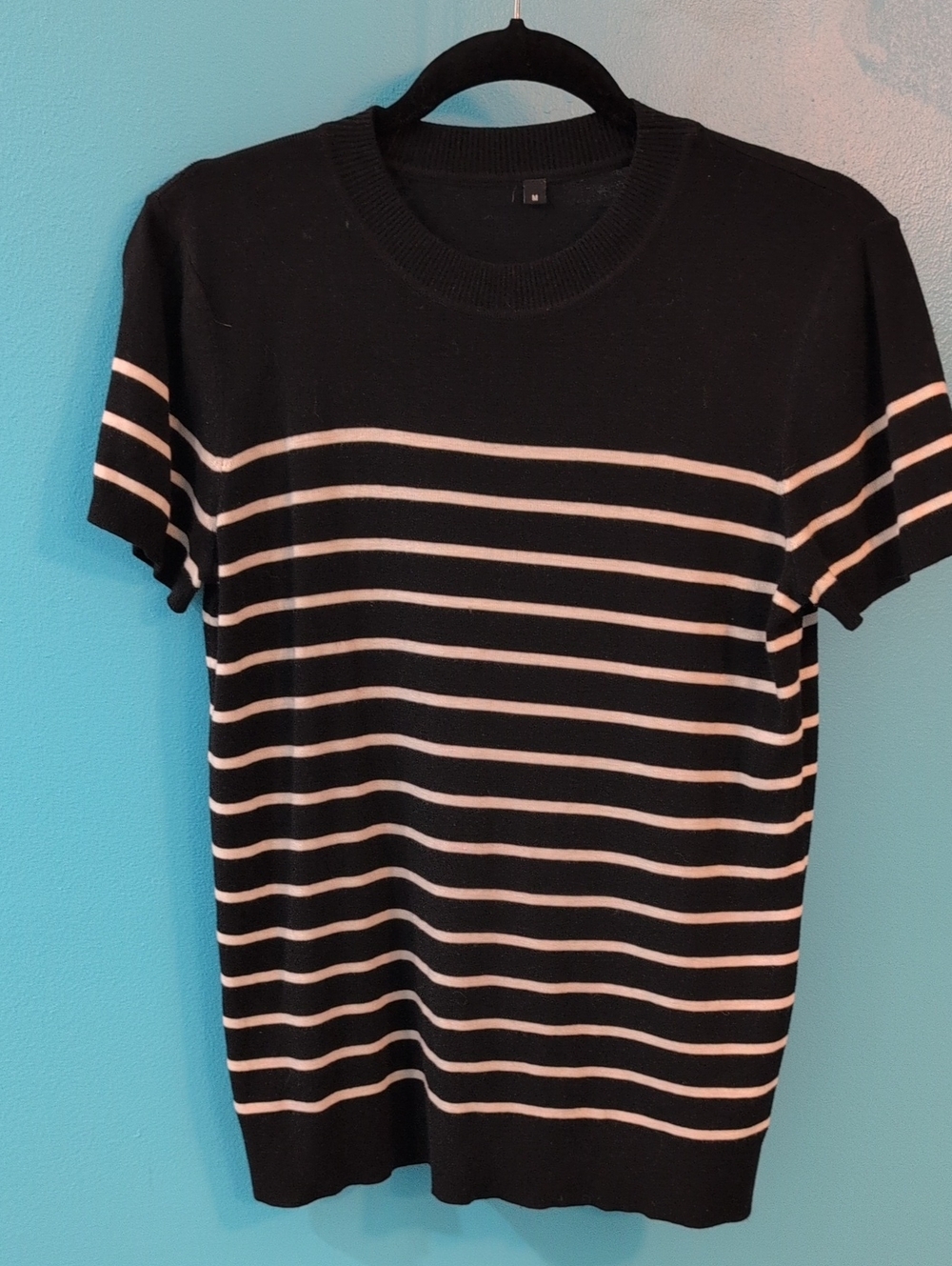Women's Black & White Striped Short Sleeve Sweater